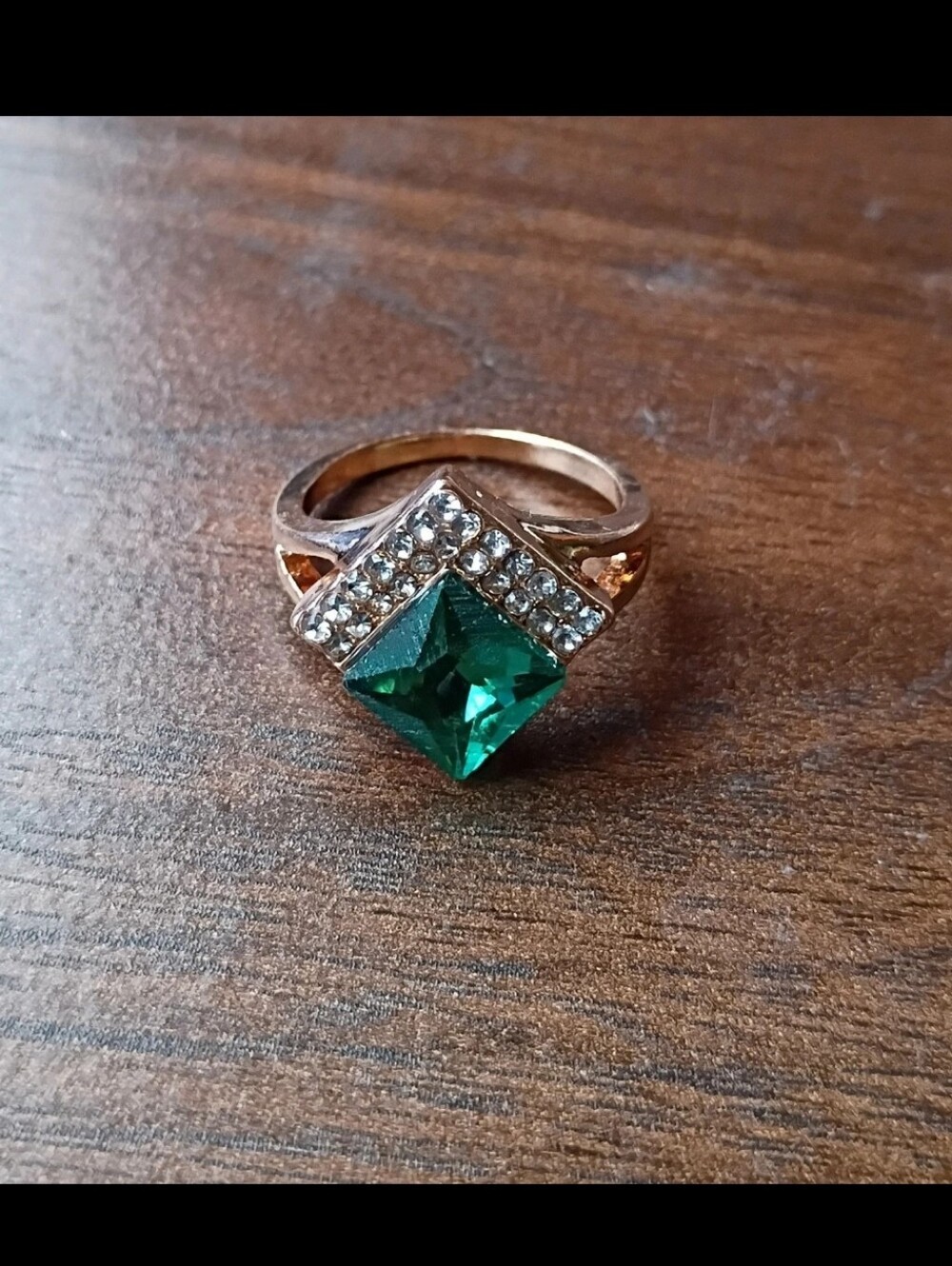 Gold-Tone Ring with Emerald Square Stone and Clear Accent Crystals